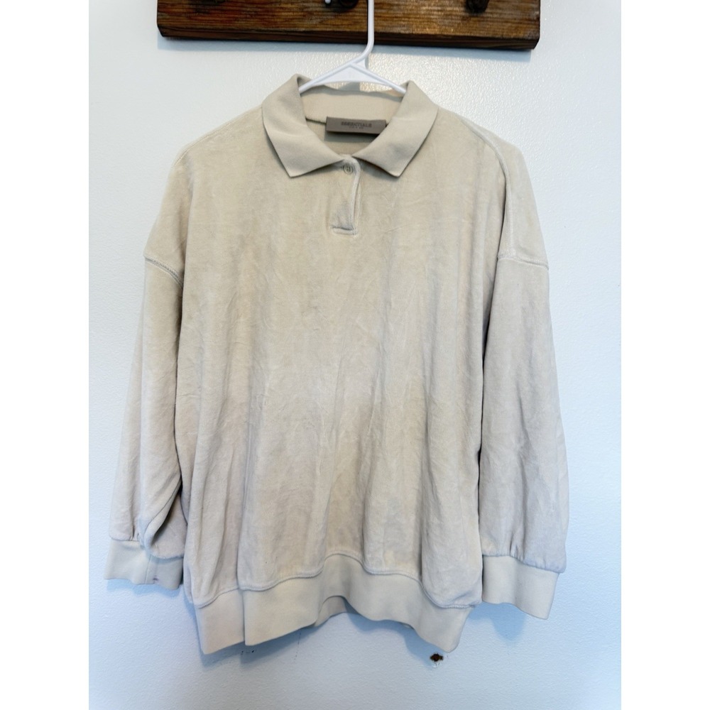 Fear of God Essentials Polo Sweatshirt Beige Cream Velour Small Quarter Sleeve